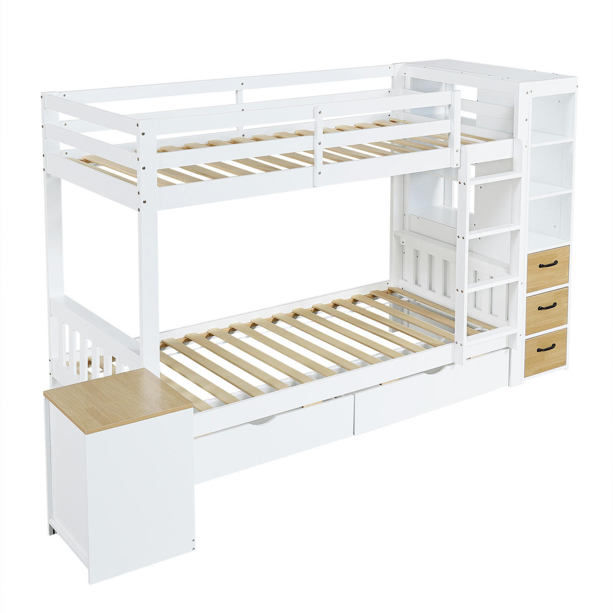 ETAGENBETT 90/200 cm mit 2 Bettkästen und Stauraumregal, DE-41776, in Weiß/Natur - Weiß, Holzwerkstoff (90/200cm) - ComfortXL