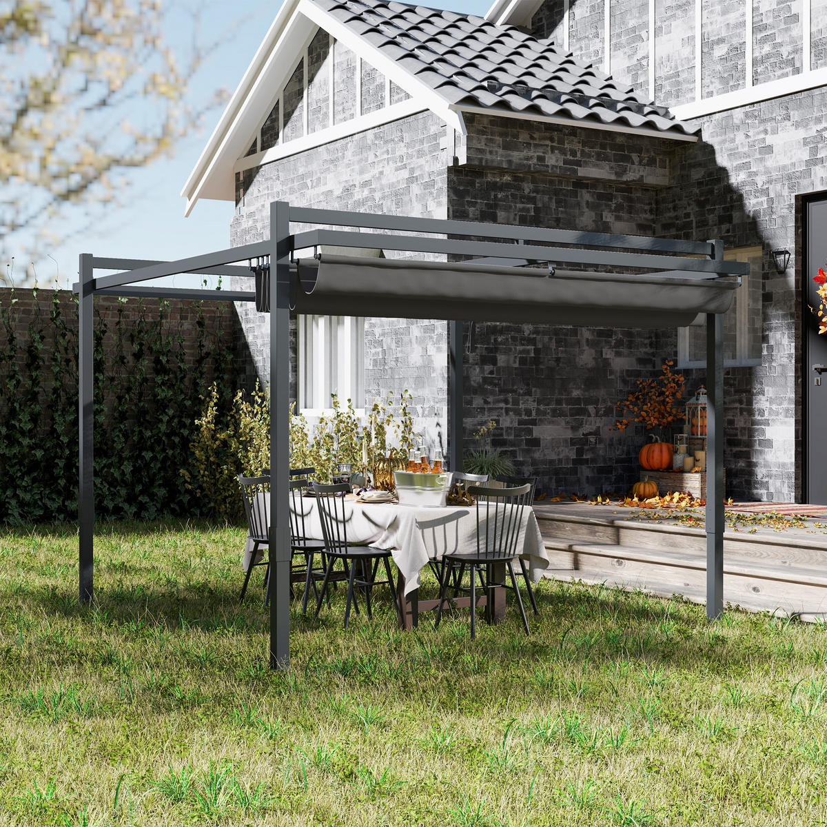 PERGOLA Pavillon ca. 3,5x3m Aluminium Stabil winterfest Sonnenschutz mit verstellbares Schiebedach Grau - Grau, Metall (358/245/320cm)