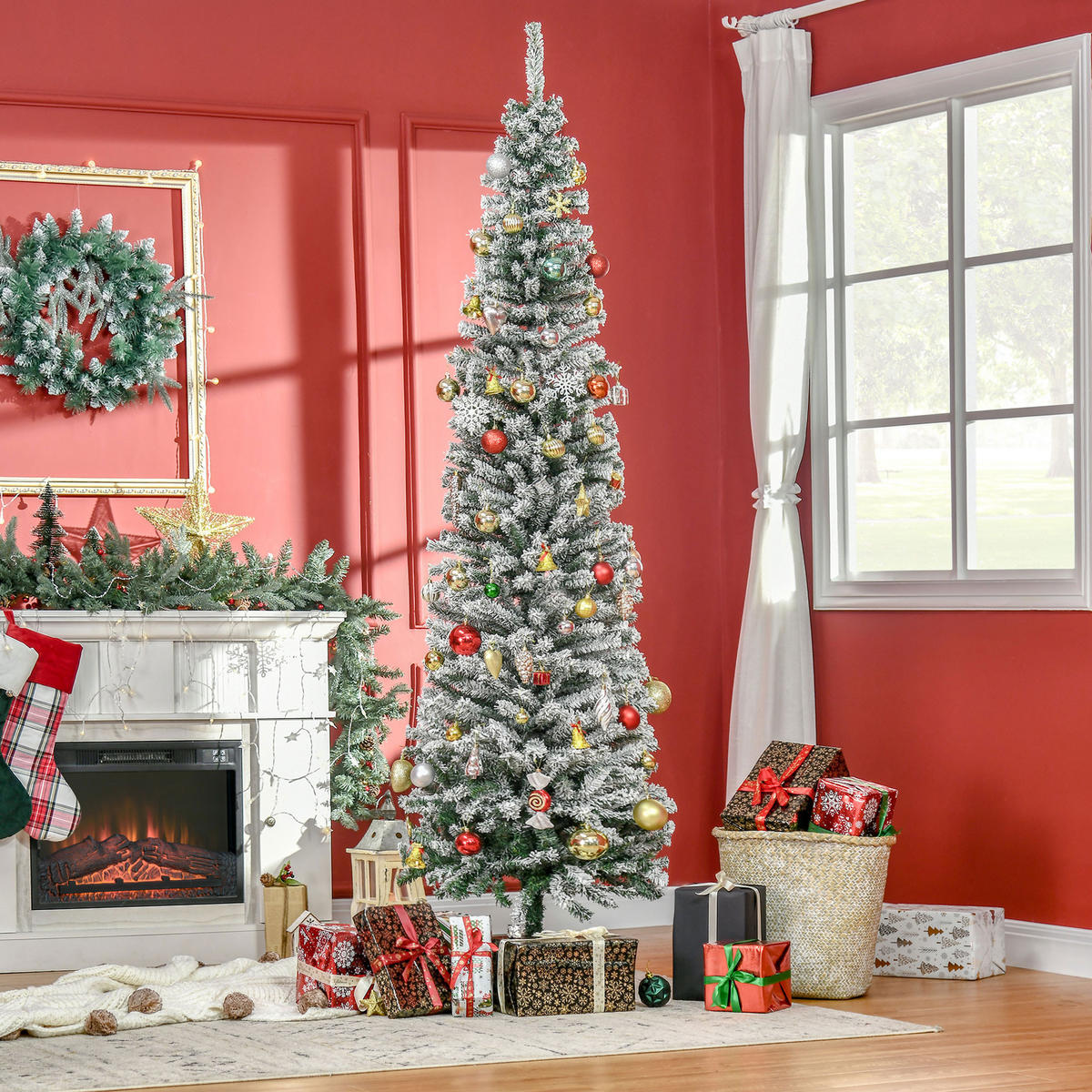 WEIHNACHTSBAUM DE-41545 Bleistift-Kiefernbaum 225 cm, Schnee - Grün, Kunststoff (225cm) - ComfortXL