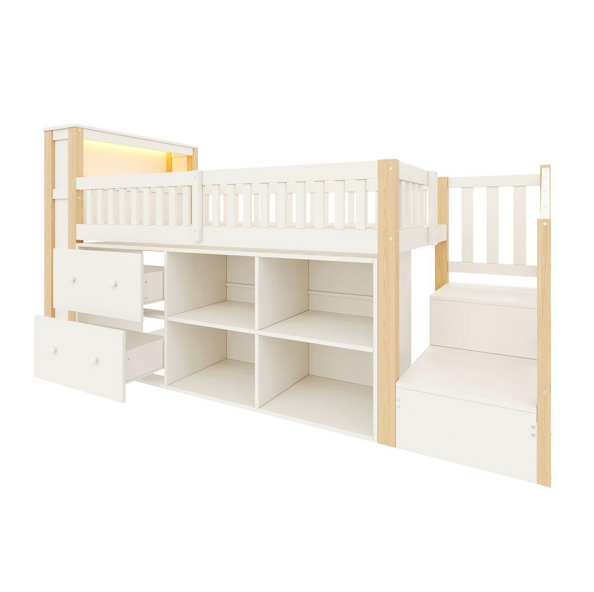 HALBHOHES Bett aus Kiefernholz und MDF 90x200 cm Natur mit Stauraum, LED-Beleuchtung und USB-Anschlüssen - Naturfarben, Holzwerkstoff (90/200cm) - IVMEU