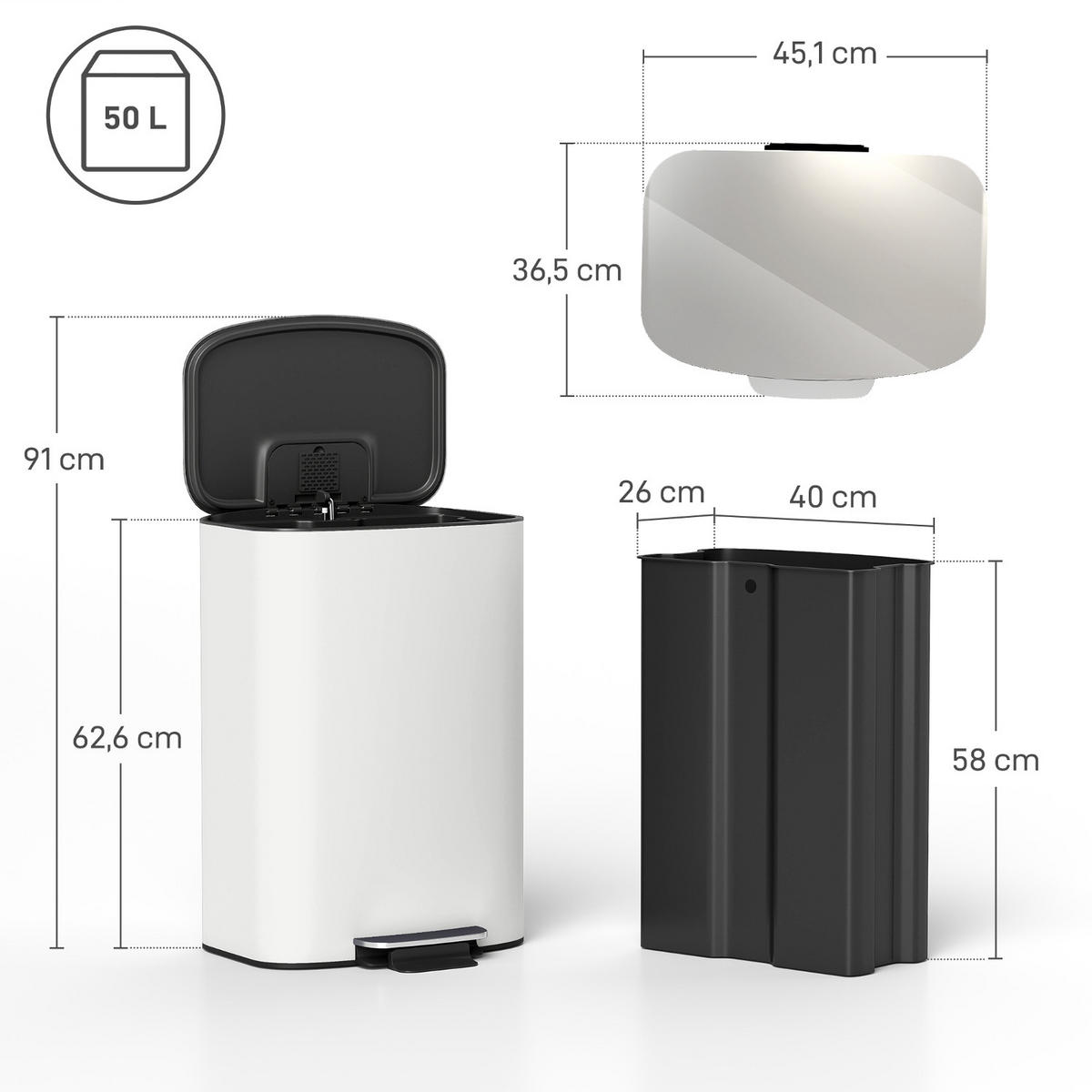 MÜLLEIMER 50L CREME Tretmülleimer für die Küche 45,1/62,6/36,5 cm Edelstahl pulverbeschichtet Creme Absenkautomatik Küche - Creme, Metall (36.5/62.6/45.1cm) - Rolipo