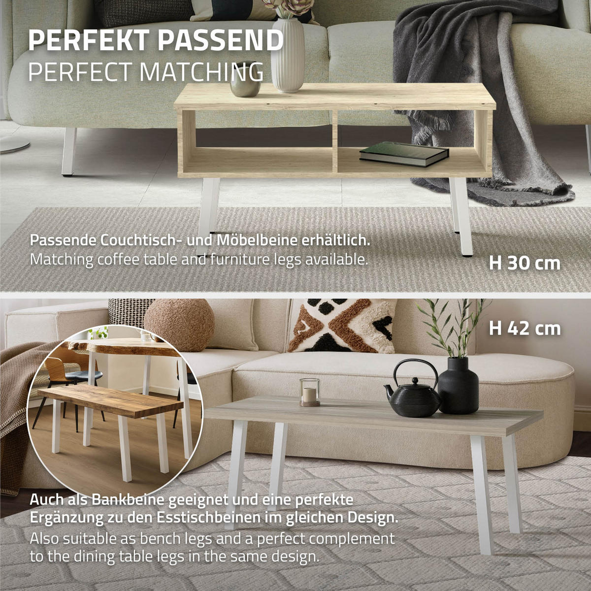 TISCHBEINE 4er Set I-96GRAD-Design H:72 cm Weiß 4x4 cm - Weiß, Metall (4/72/4cm) - ML-DESIGN