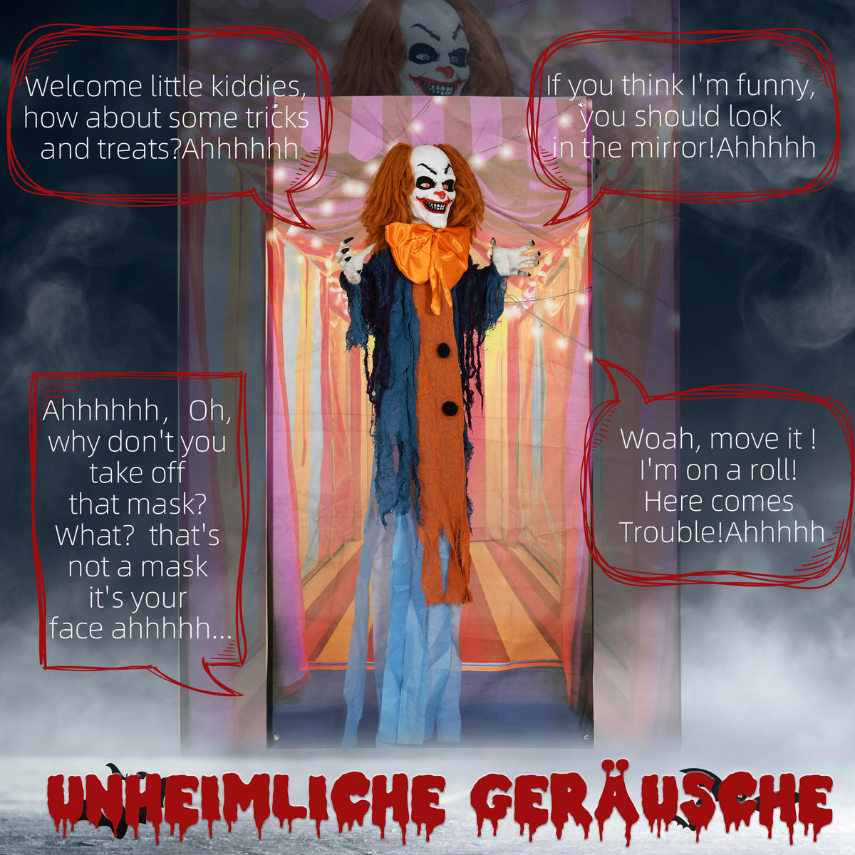 168CM Halloween Dekoration Halloween Zirkusclown mit LED-Lichter, Soundfunktion - Multicolor, Kunststoff (20/168/83cm) - HOMCOM