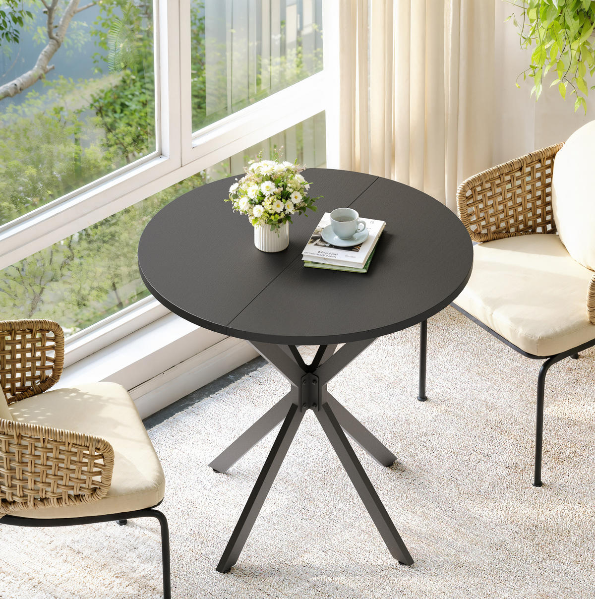 ESSTISCH 80/80/75 cm in Schwarz mit runder Platte und X-Gestell - Schwarz, Metall (80/80/75cm) - BEAOK
