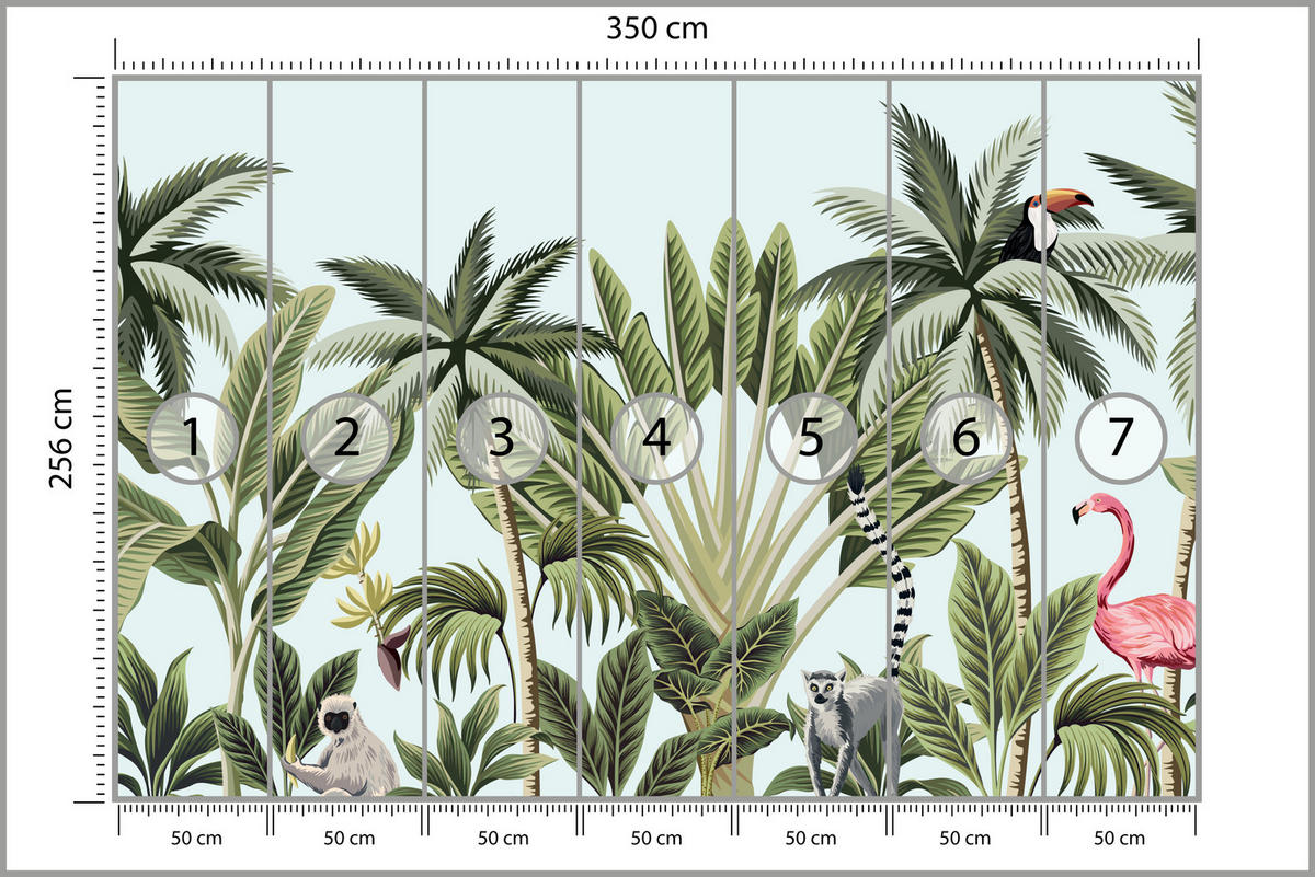 FOTOTAPETE für Schlafzimmer Exotische Tiere Dschungel Flamingo 350x256 - Schwarz/Weiß, Papier (350/256cm) - Muralo
