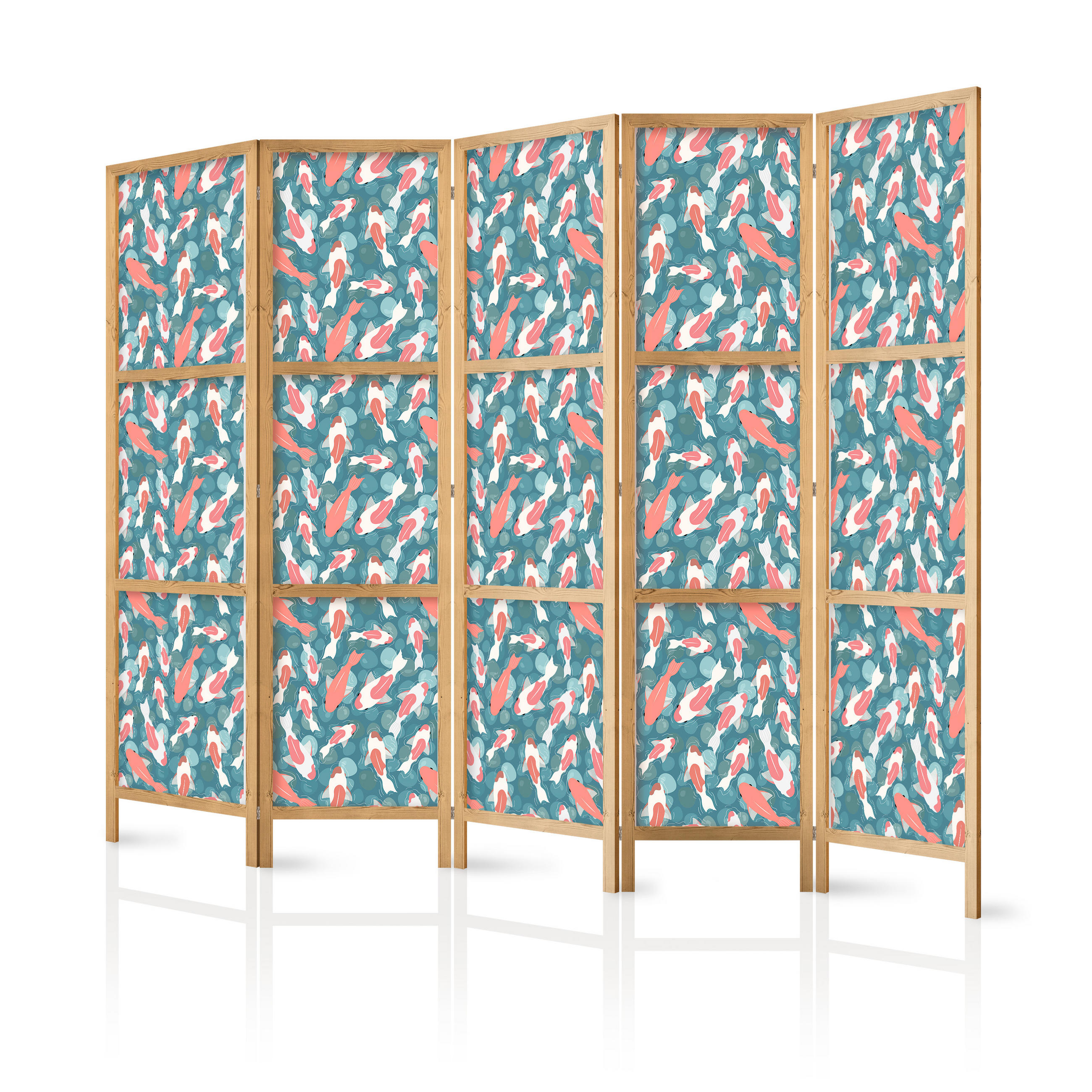 PARAVENT Japanischer 5-tlg 225x172 cm Bunte Fische - Multicolor, Holz/Textil (225/172/3cm) - Muralo