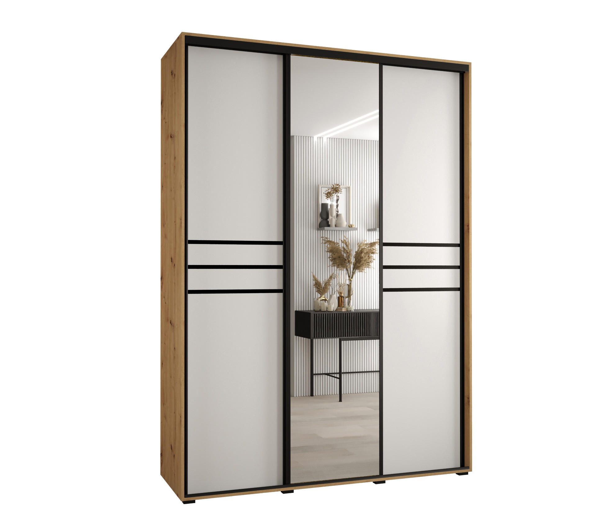Abiks Möbel Schwebetürenschrank Eiche Artisan, Weiß, Schwarz 170x235x60 cm