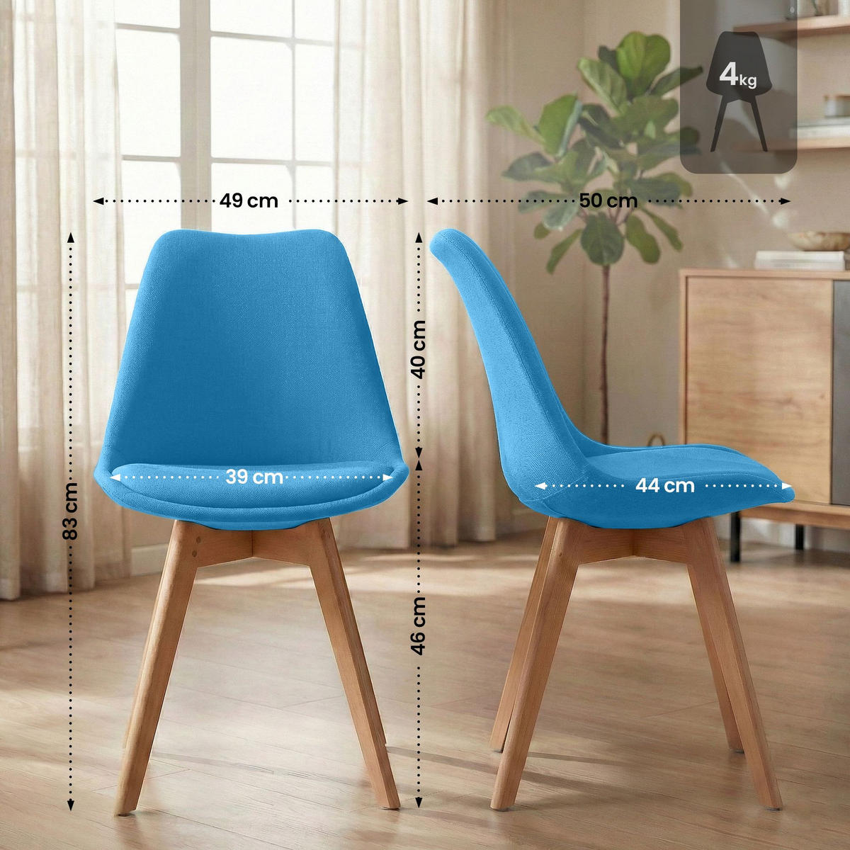 STUHL Stoff türkis - Türkis/Eukalyptusholzfarben, Holz/Textil (49/83/50cm) - CLP