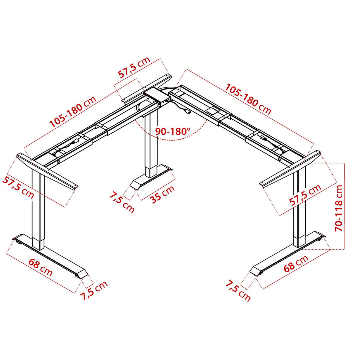 ECK TISCHGESTELL HÖHENVERSTELLBAR Lift L7 grau - Grau, Metall (68/180/118cm)