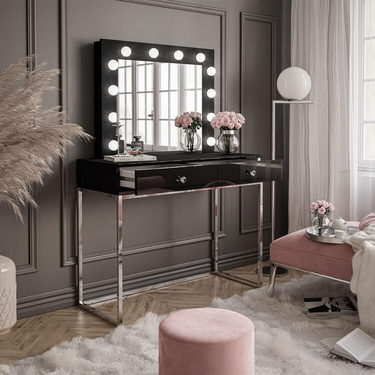 SCHMINKTISCH BLANCO GLAMOUR mit Spiegel und Beleuchtung Schwarz Hochglanz Kristallgriff - Schwarz Hochglanz/Silberfarben, Holzwerkstoff (100/146/42cm) - Lookway