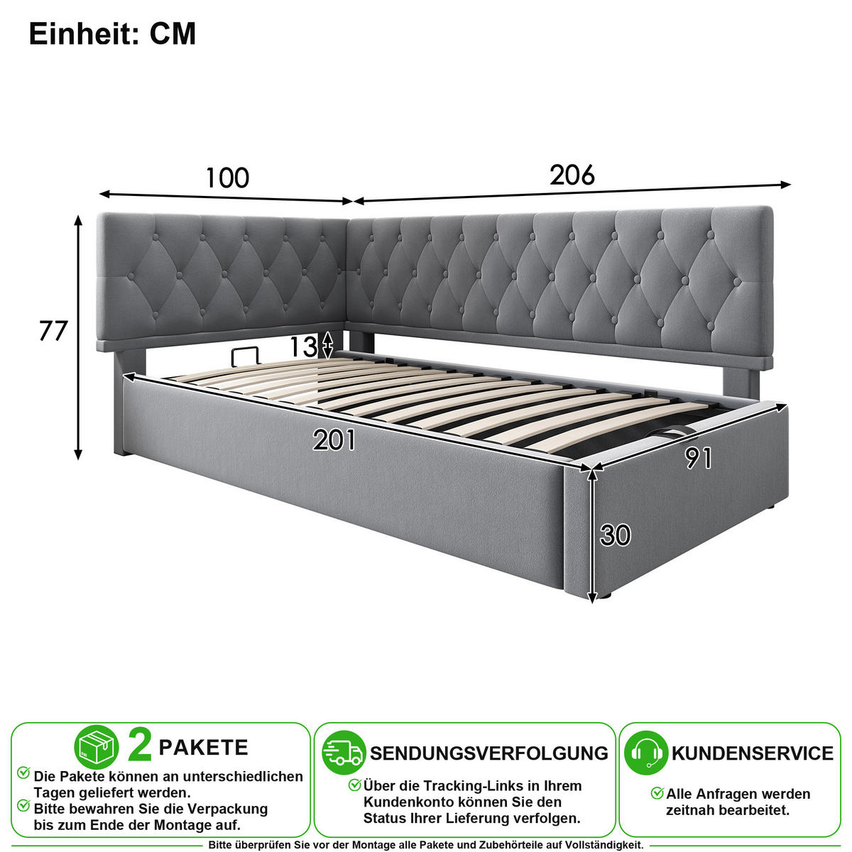 POLSTERBETT 90/200 cm in Grau mit Bettkasten und flexiblem Aufbau Samt - Grau, Holzwerkstoff/Textil (90/200cm) - CHICFURN
