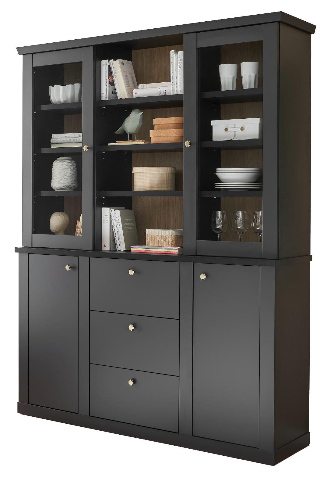 BUFFET schwarz matt, Eiche 158 cm, Buffetschrank Landhaus mit Soft-Close - Eichefarben/Messingfarben, Glas/Holzwerkstoff (158/201/42cm) - Furn.Design