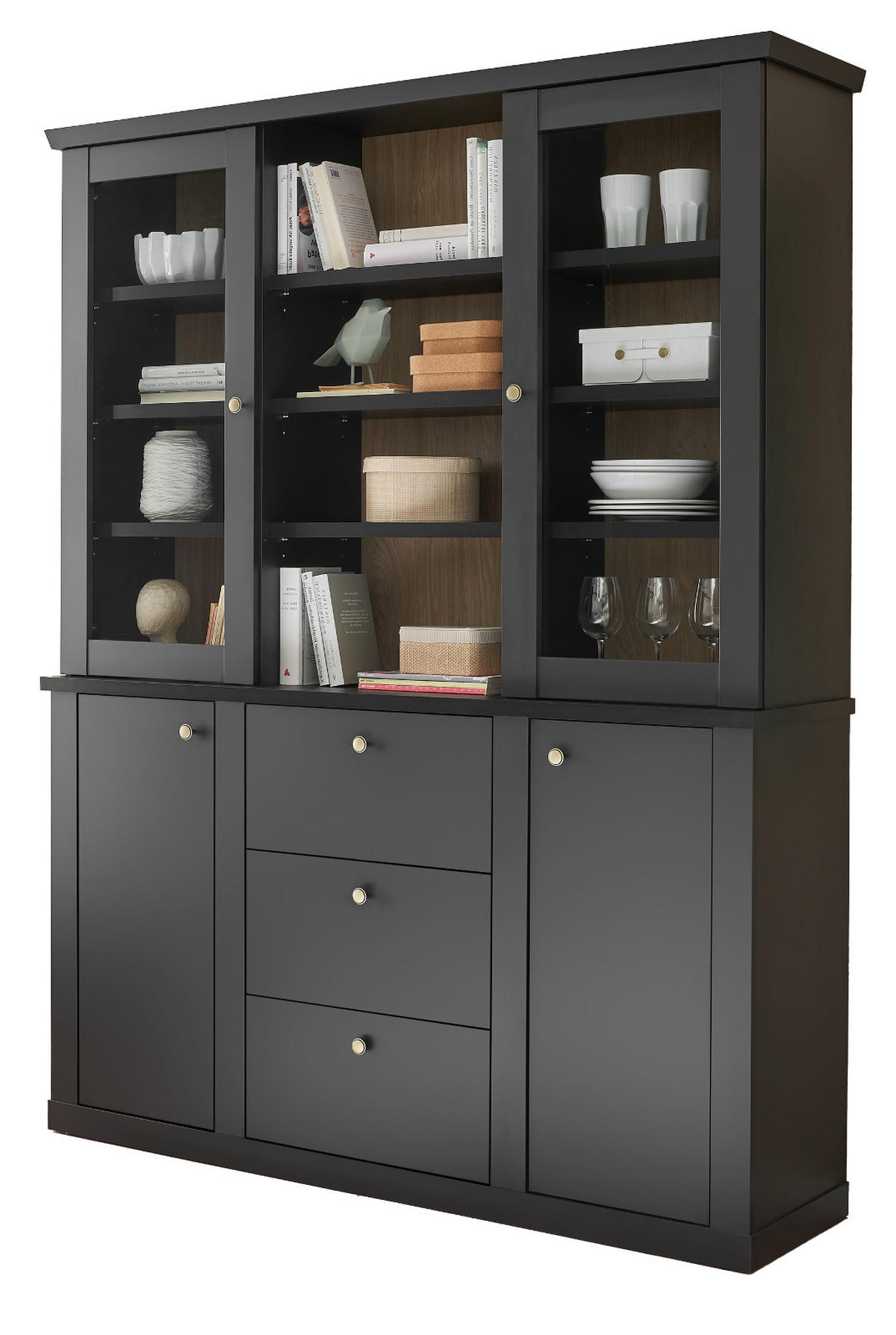 BUFFET schwarz matt, Eiche 158 cm, Buffetschrank Landhaus mit Soft-Close - Eichefarben/Messingfarben, Glas/Holzwerkstoff (158/201/42cm) - Furn.Design