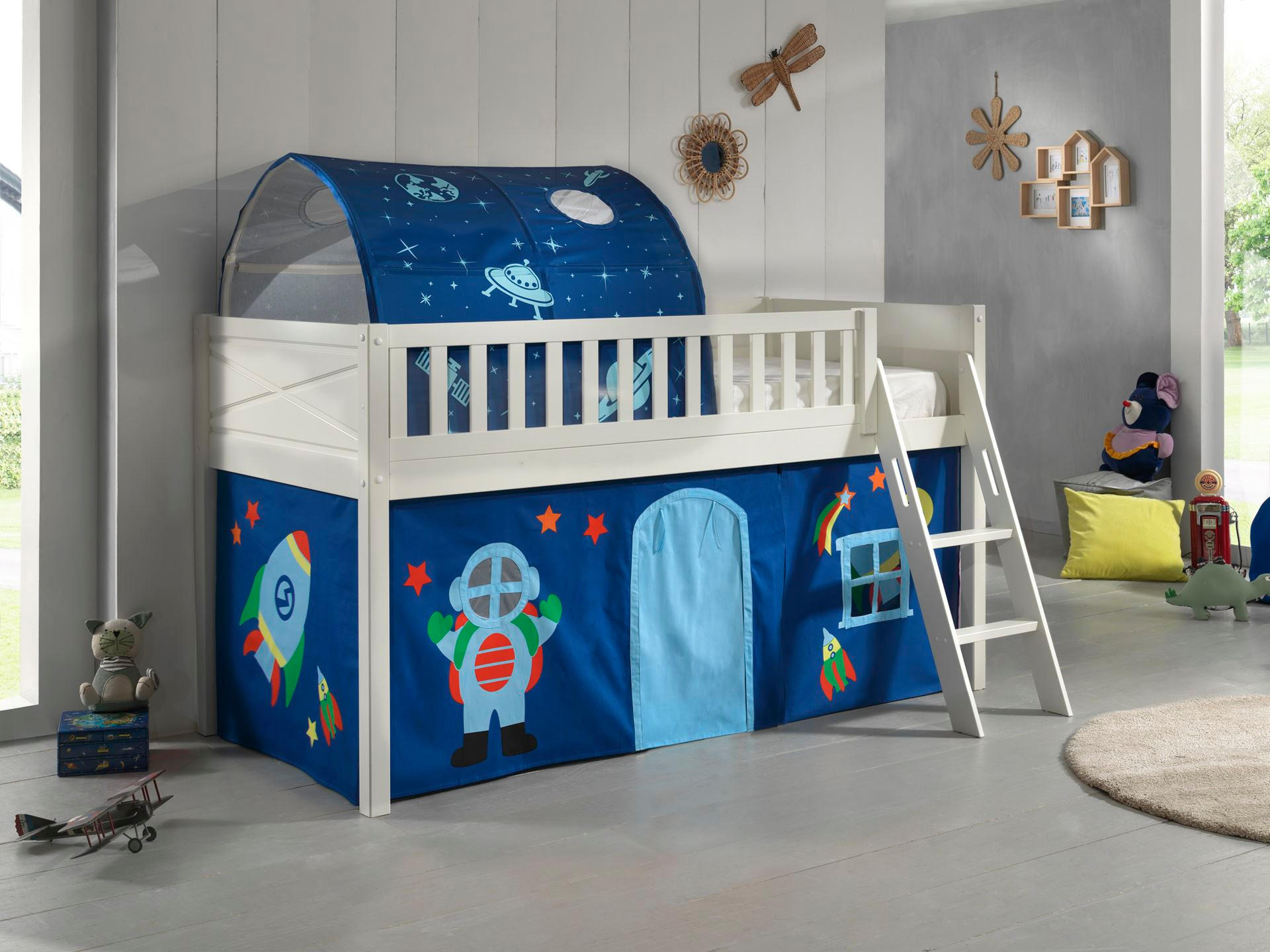 KINDERBETT Karyl 208x114x135 Massivholz Weiß Textilset Astro 2 - Blau/Weiß, Holz (90/200cm) - 58aufmkessel