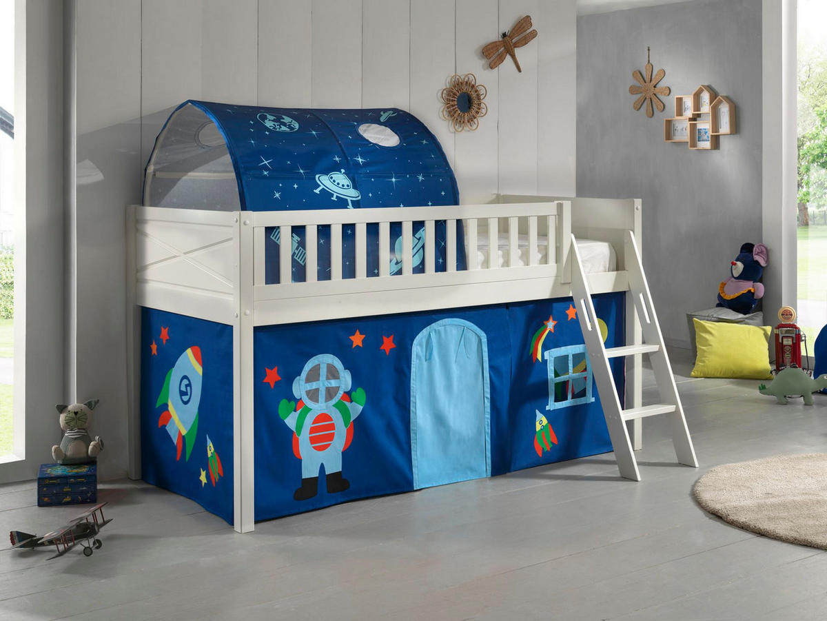 KINDERBETT Karyl 208x114x135 Massivholz Weiß Textilset Astro 2 - Blau/Weiß, Holz (90/200cm) - 58aufmkessel