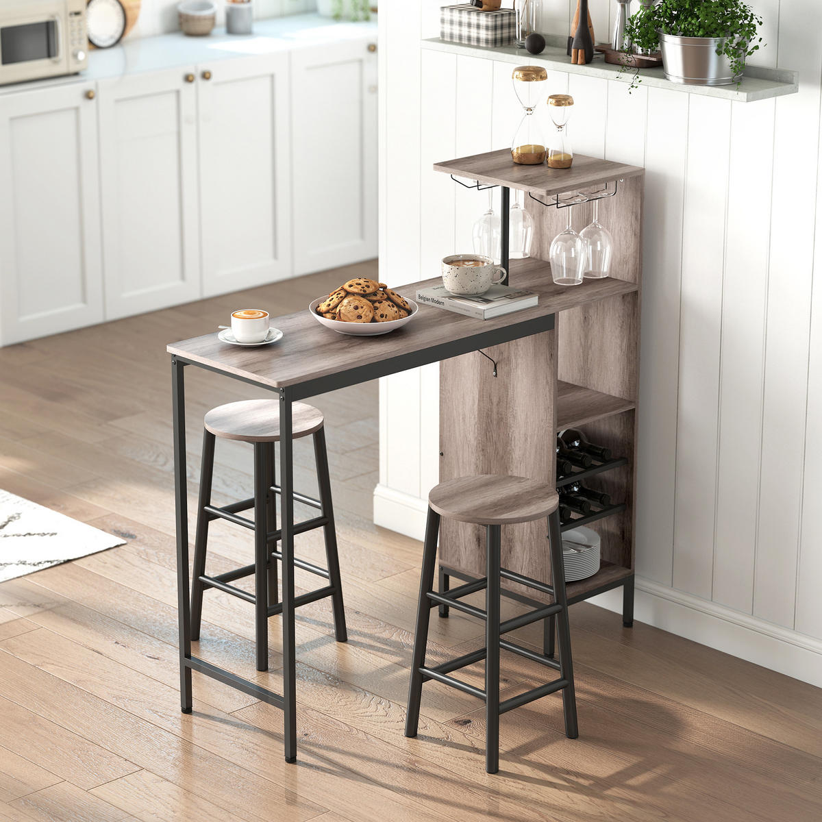 BARTISCH mit Barhocker Set Tresentisch mit 2 Stühlen mit Fußstütze, Grau - Grau, Holzwerkstoff (40/122/121.5cm) - HOMCOM