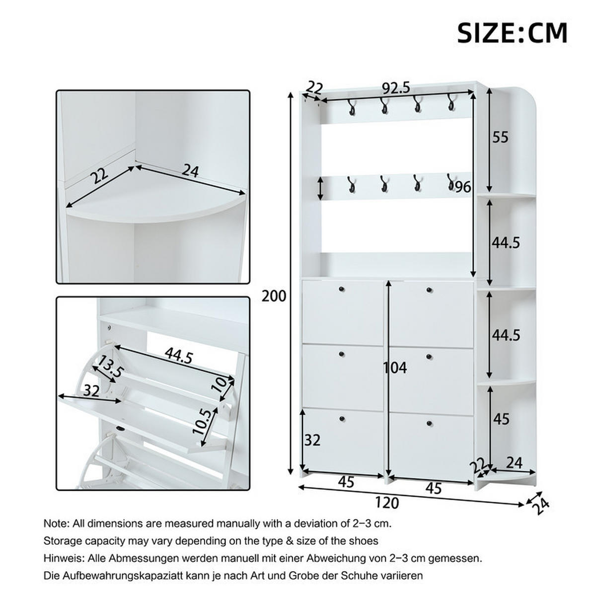 GARDEROBEN-SET mit Schuhschrank und 8 Haken 120x24x200 cm - Weiß, Holzwerkstoff (24/200/120cm) - Fuleadture