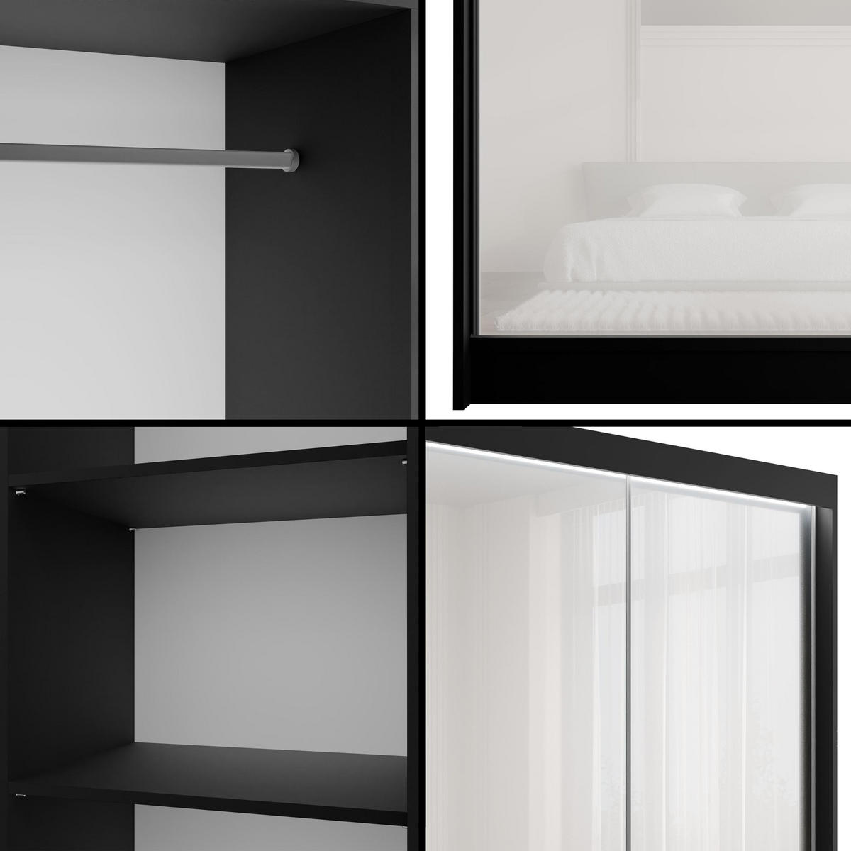 KLEIDERSCHRANK PEKA mit LED - 150 cm - Schwarz|Weiß - Schwarz/Weiß, Holzwerkstoff (150/215/61cm) - ALTDECOR