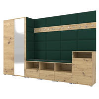 GARDEROBE NELA XII 300 cm (Modulare Flurmöbel Artisan Eiche mit Spiegel & Sitzpolster Flaschengrün 28 Gigantisches Set) - Dunkelgrün/Silberfarben, Holz/Holzwerkstoff (300/187/40cm) - Ravio