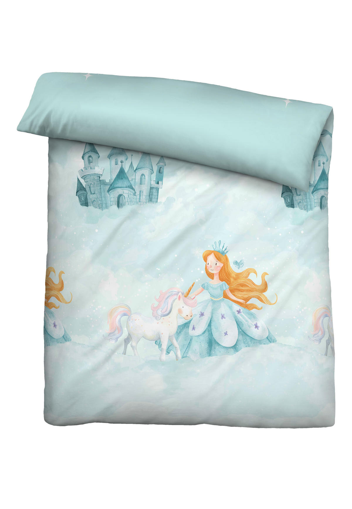 BETTWÄSCHE-GARNITUR Biber Prinzessin Einhorn ciel, 135x200 cm + 80x80 cm - Hellblau, Textil (135/200cm) - biberna