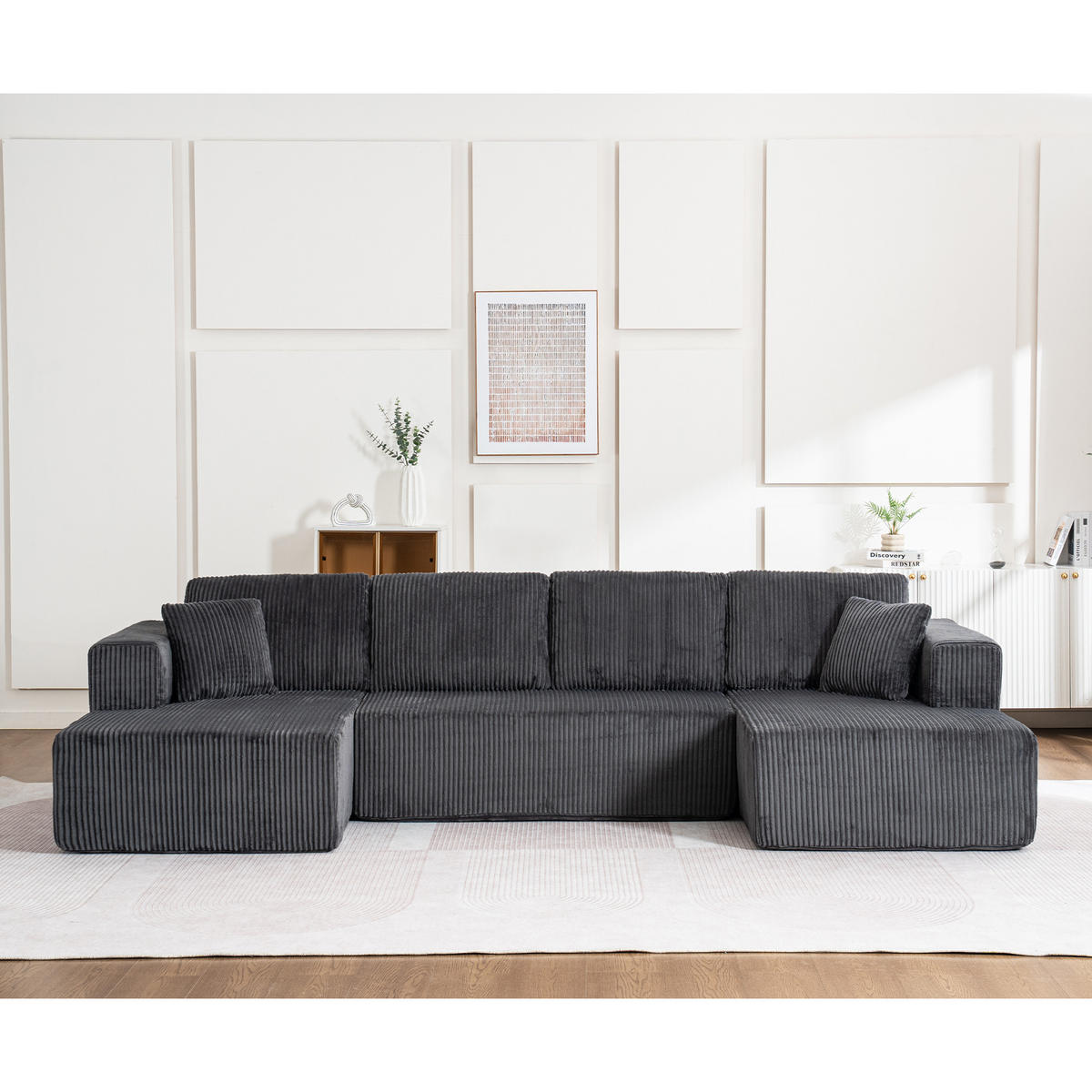WOHNLANDSCHAFT Cord Grau mit Schlaffunktion und mit Kissen - Grau, Textil (332/88/156cm) - WISHDOR