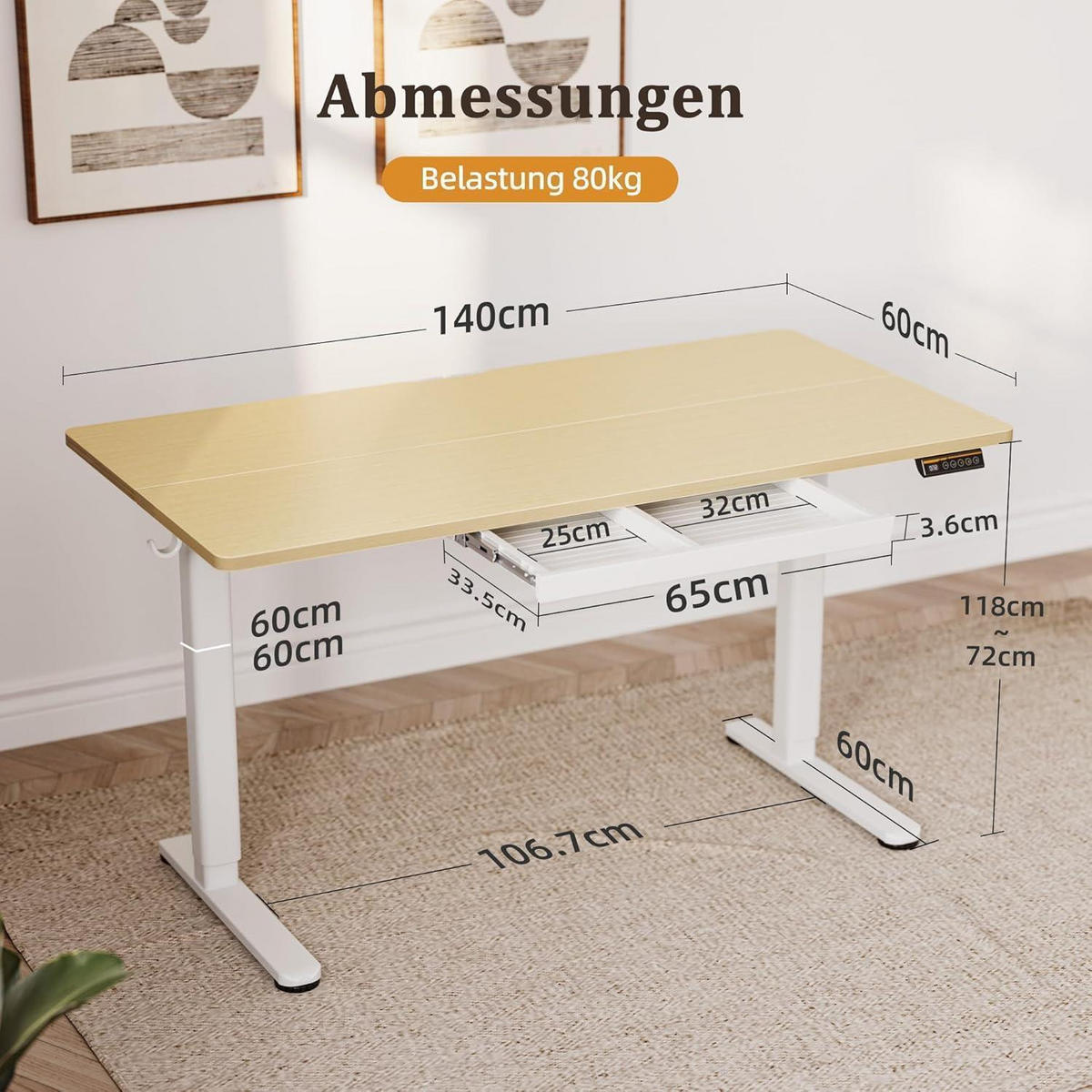 SCHREIBTISCH höhenverstellbar 140 x 60 cm mit Schublade und Memory-Funktion Beige - Beige, Holzwerkstoff (60/120/118cm)
