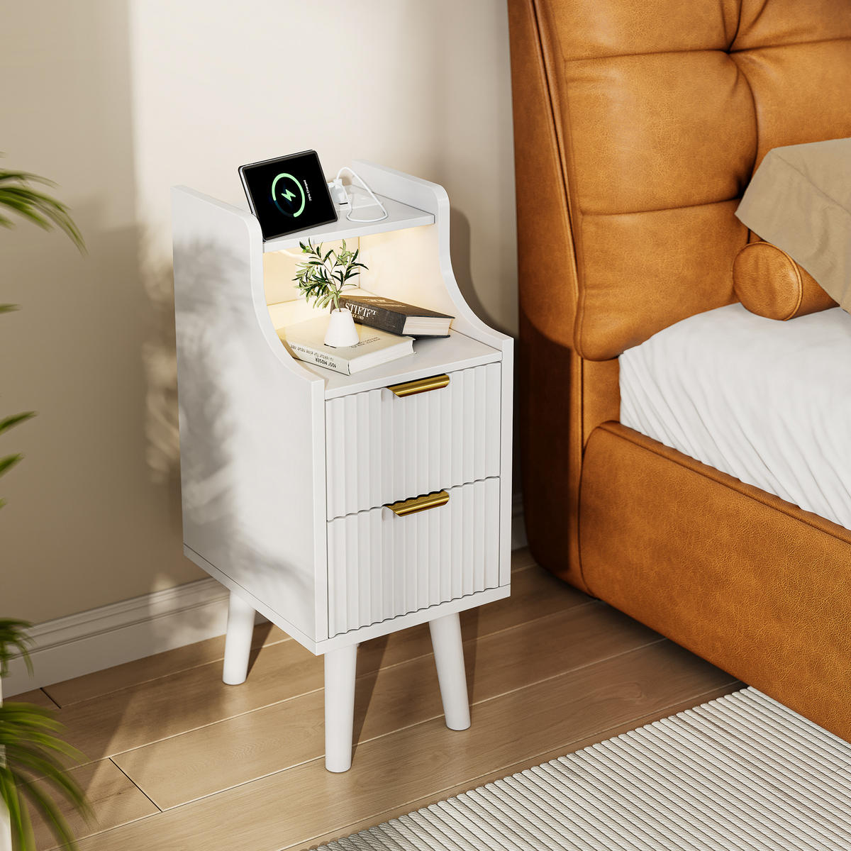 NACHTTISCH 2er-Set mit LED, Steckdose & USB, 2 Schubladen, Weiß, MDF - Weiß, Holz (25/76/30cm)