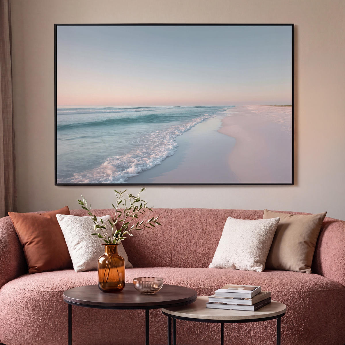 LEINWAND Bilder mit Rahmen - Küstenlinie - Pastell - Wasser - 120x80 - Pastellblau, Textil (120/80cm) - MuchoWow