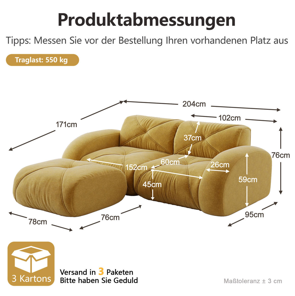 ECKSOFA 204/171/76 cm in Gelb mit Hocker aus Chenille und Moduldesign - Gelb, Textil (171/204cm) - Flora Grace