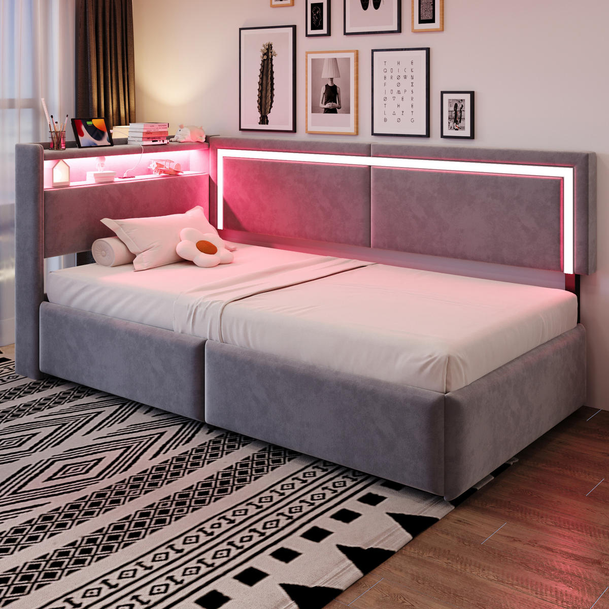 SAMT-POLSTERBETT 90/200 cm mit LED-Beleuchtung, USB und Bettkasten in Hellgrau - Hellgrau, Textil (90/200cm) - BEAOK