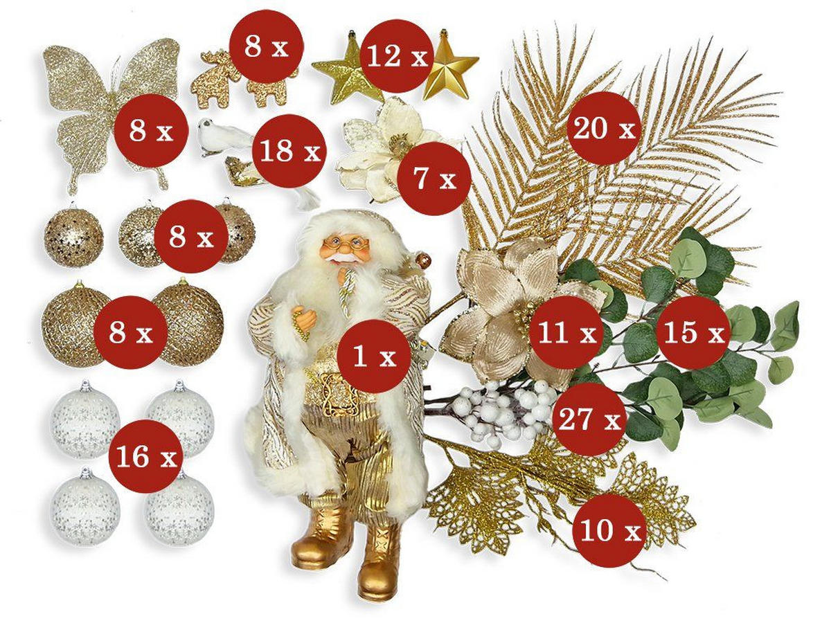 WEIHNACHTSBAUMSCHMUCK-SET CHAMPAGNEGLANZ 169-teilig, für Weihnachtsbäume 240–270 cm, inkl. Aufbewahrungsbox - Champagner/Goldfarben, Kunststoff/Textil (55/50/75cm) - LAALU