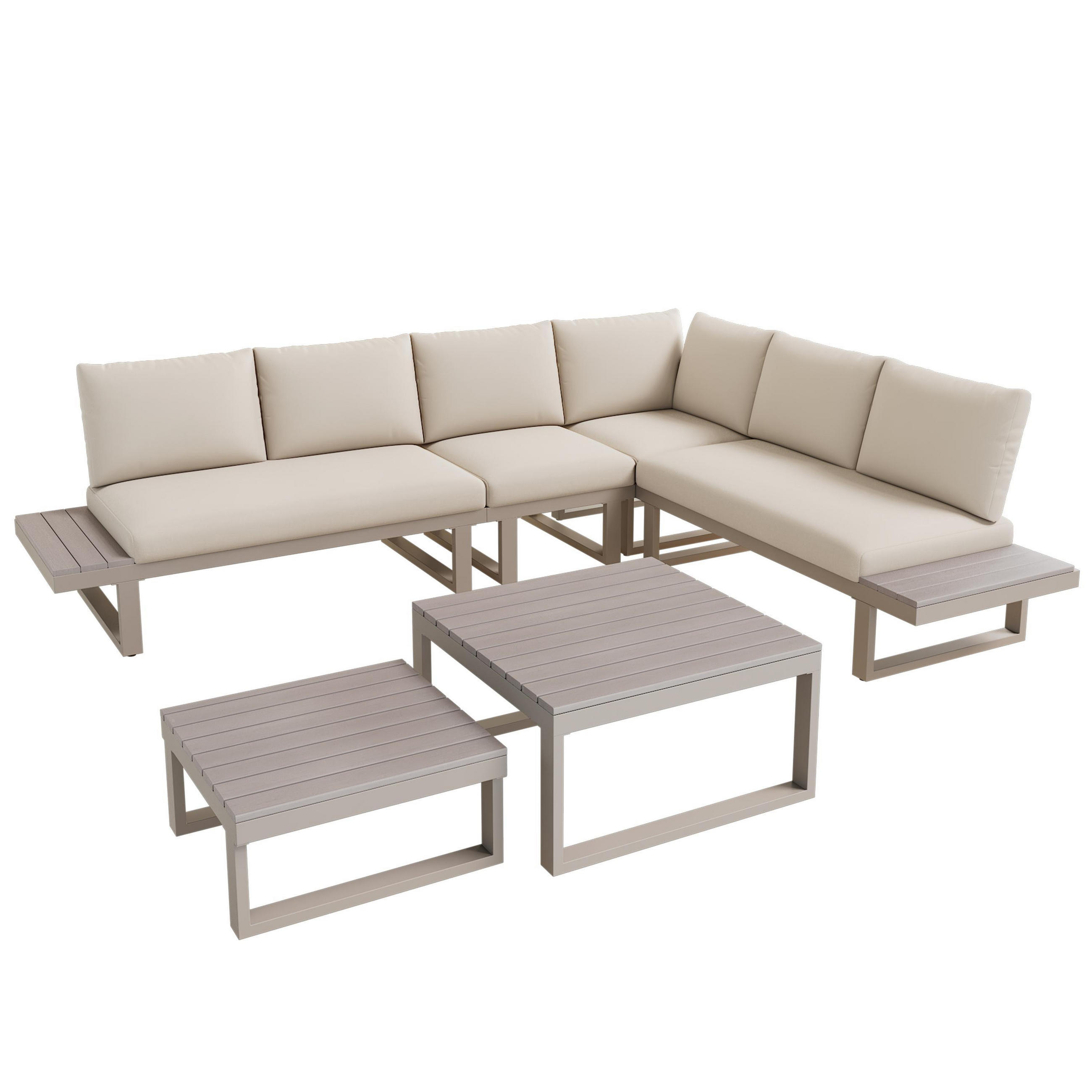 LOUNGEGARNITUR mit zwei Couchtischen, Beige + Khaki - Beige, Metall - KOMHTOM