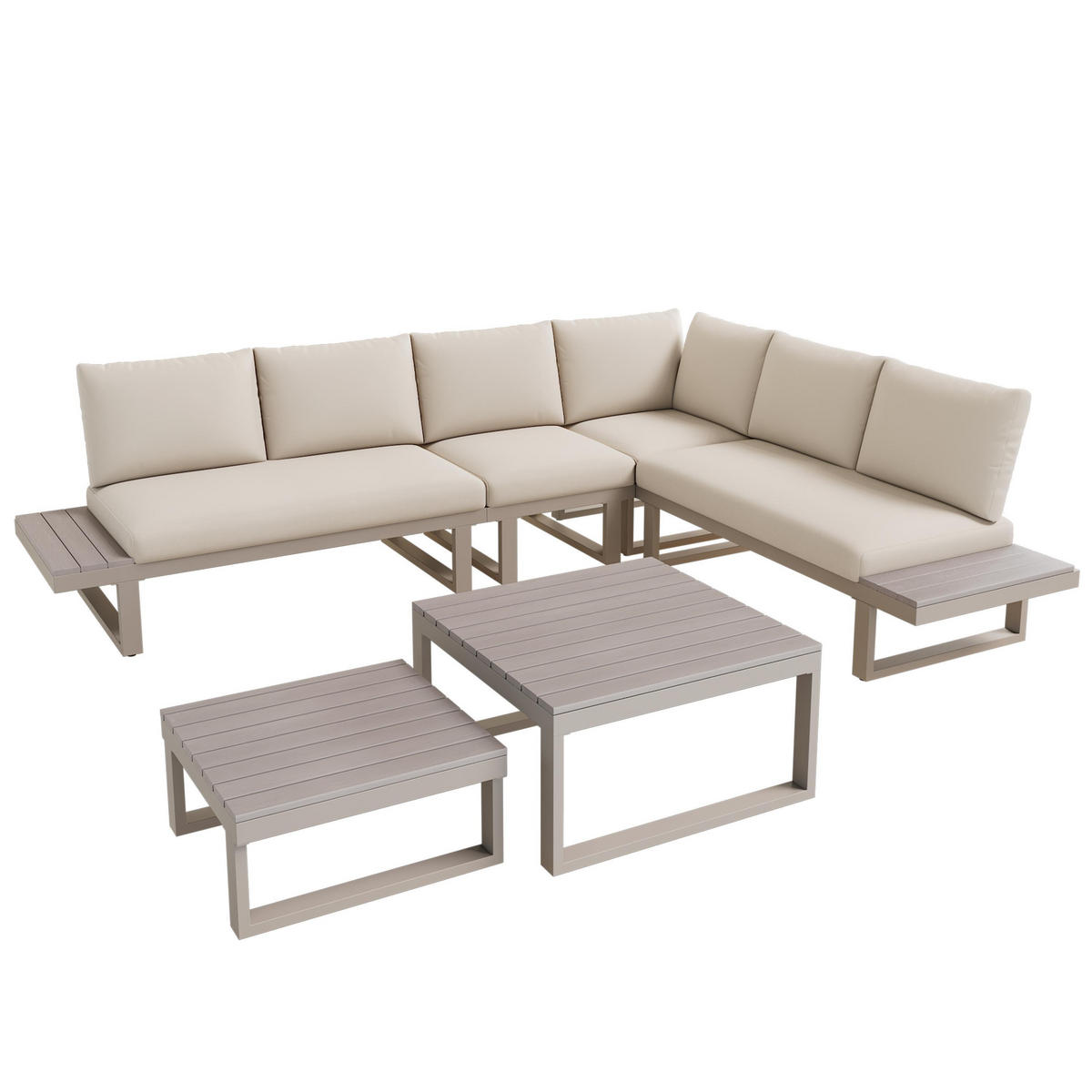 LOUNGEGARNITUR mit zwei Couchtischen, Beige + Khaki - Beige, Metall - KOMHTOM