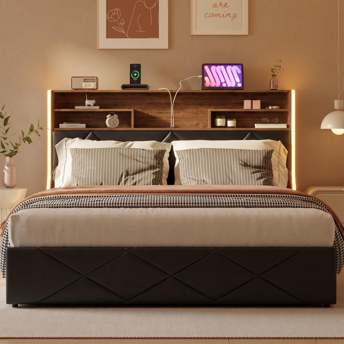 POLSTERBETT 140/200 cm,Stauraumbett mit Bettkasten LED USB und Lattenrost - Grau, Holz/Textil (140/200cm) - PARAFTA HOME