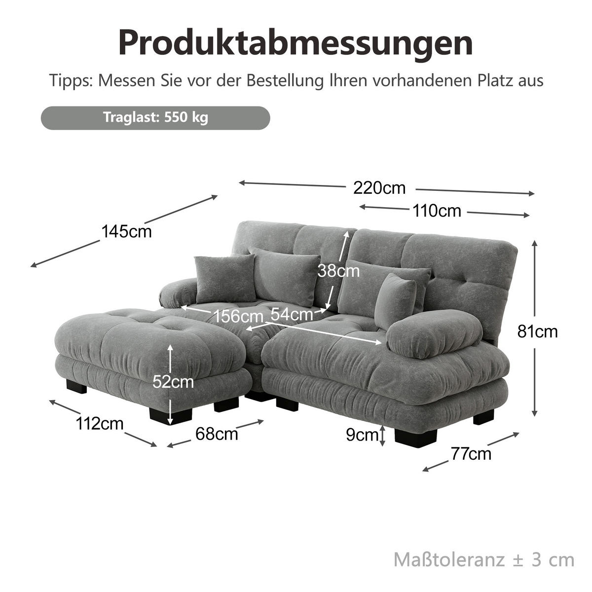 ECKSOFA DE-34065 mit Ottoman Grau - Grau, Holz (145/220cm) - ComfortXL