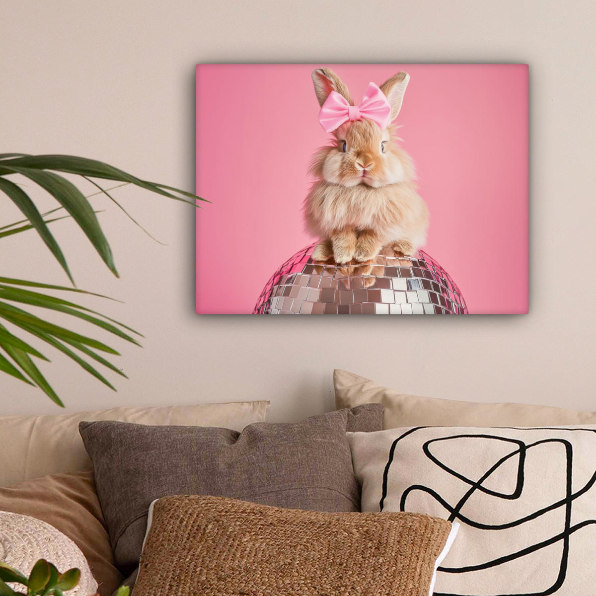 LEINWANDBILD Schleife - Discoball - Kaninchen Wandbild 40x30 cm - Pink, Textil (40/30cm) - MuchoWow