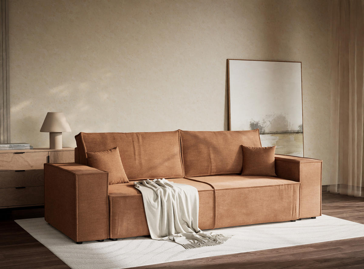 SOFA MIT SCHLAFFUNKTION Milos Hellbraun Chenille-Stoff - Hellbraun/Schwarz, Holz/Holzwerkstoff (255/70/105cm) - Maison de Reve