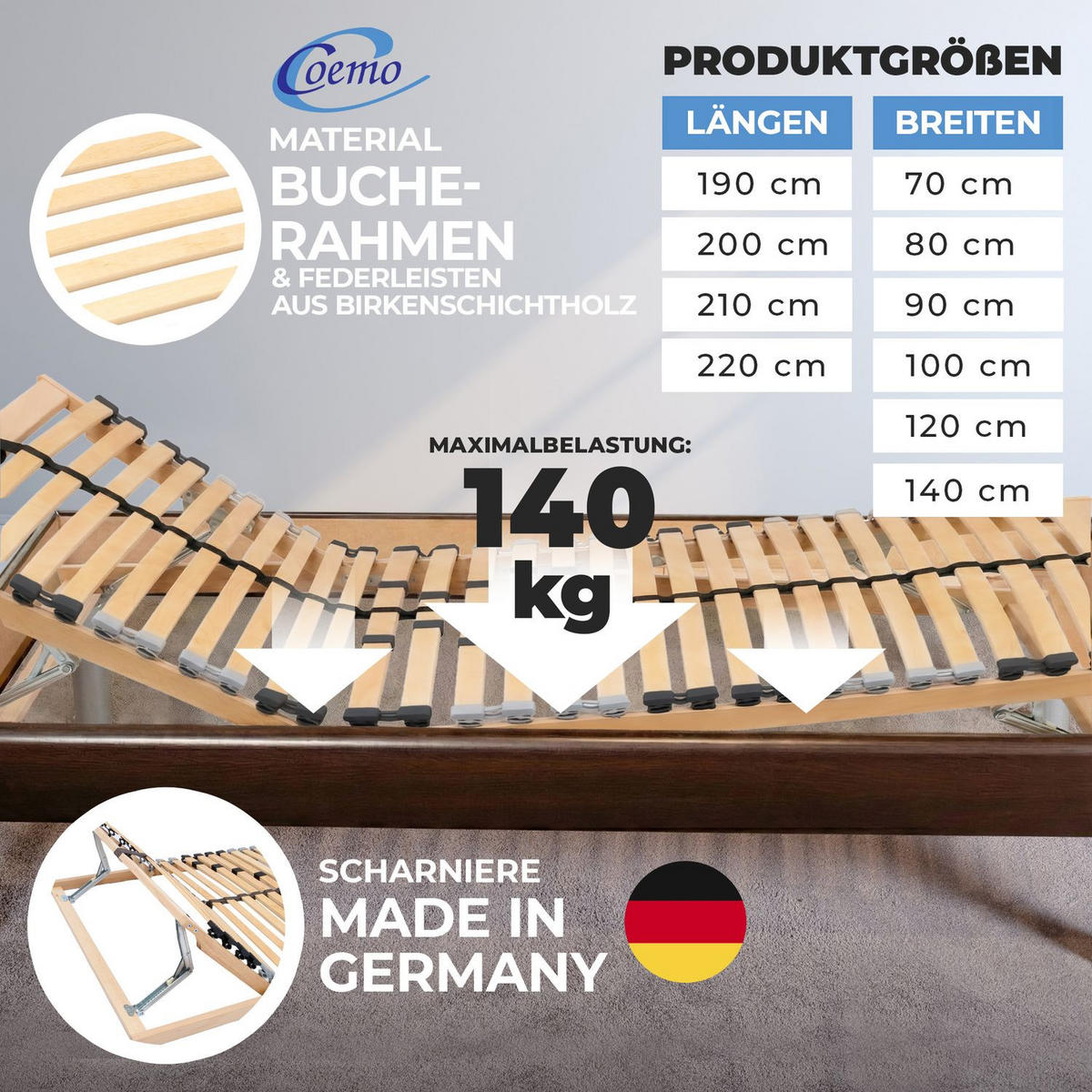 LATTENROST ERGO KF 80x200 cm mit Kopf- & Fußteilverstellung - Naturfarben, Holz (80/200cm) - Coemo