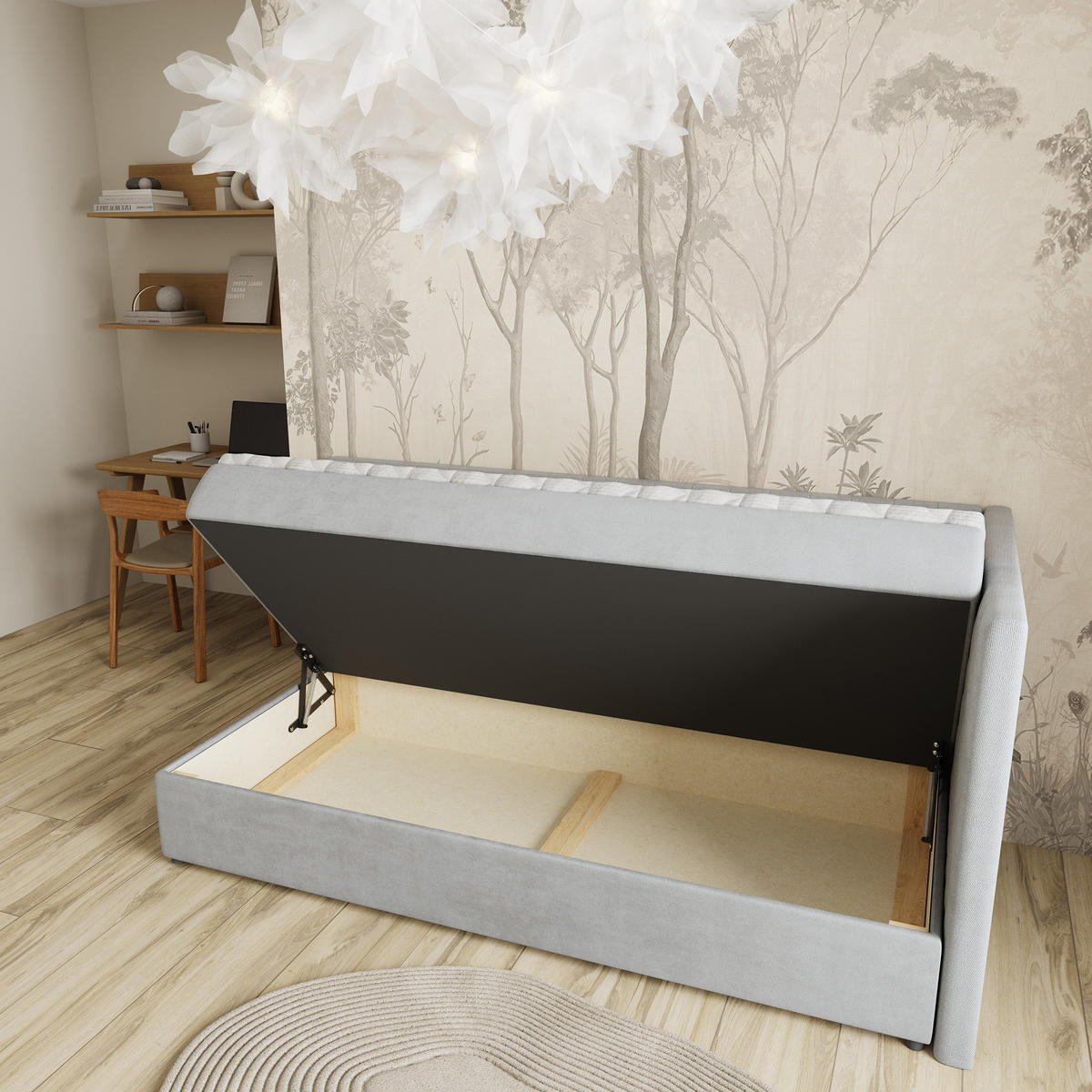 BOXBETT ARIS 80x200 cm mit Matratze und Topper, H2+H3 - Hellgrau - Hellgrau, Holz (80/200cm) - MASSENO