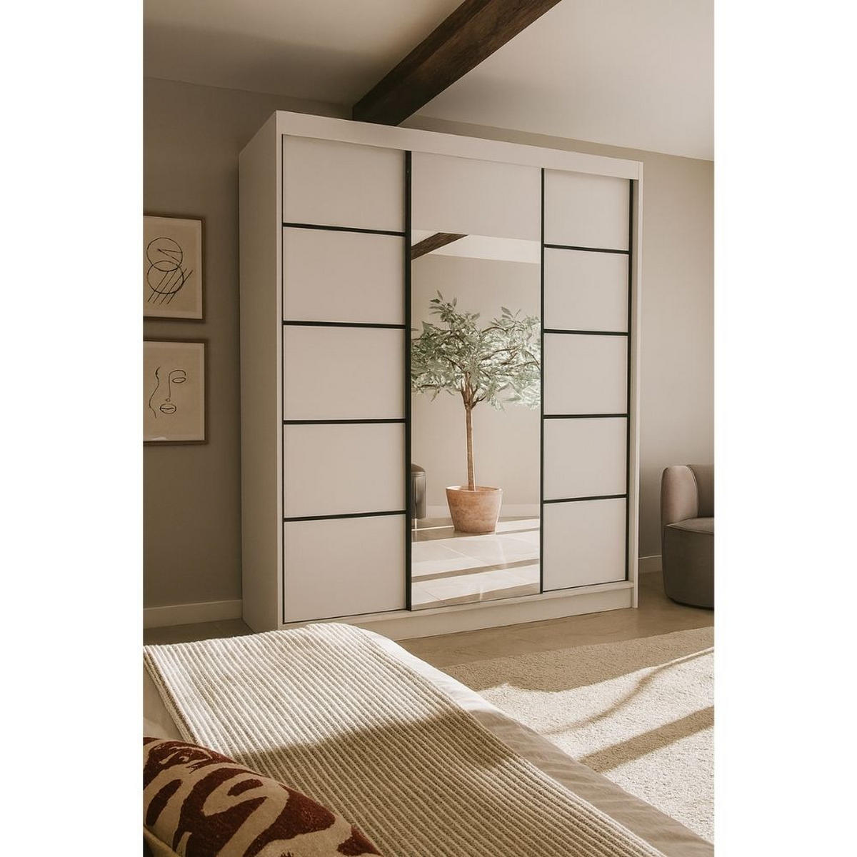 SCHWEBETÜRENSCHRANK Moni mit Spiegel und Zierleisten, 215x200x61cm, Weiß+Schwarz - Schwarz/Weiß, Holzwerkstoff (200/215/61cm) - AN-Moebel 4u