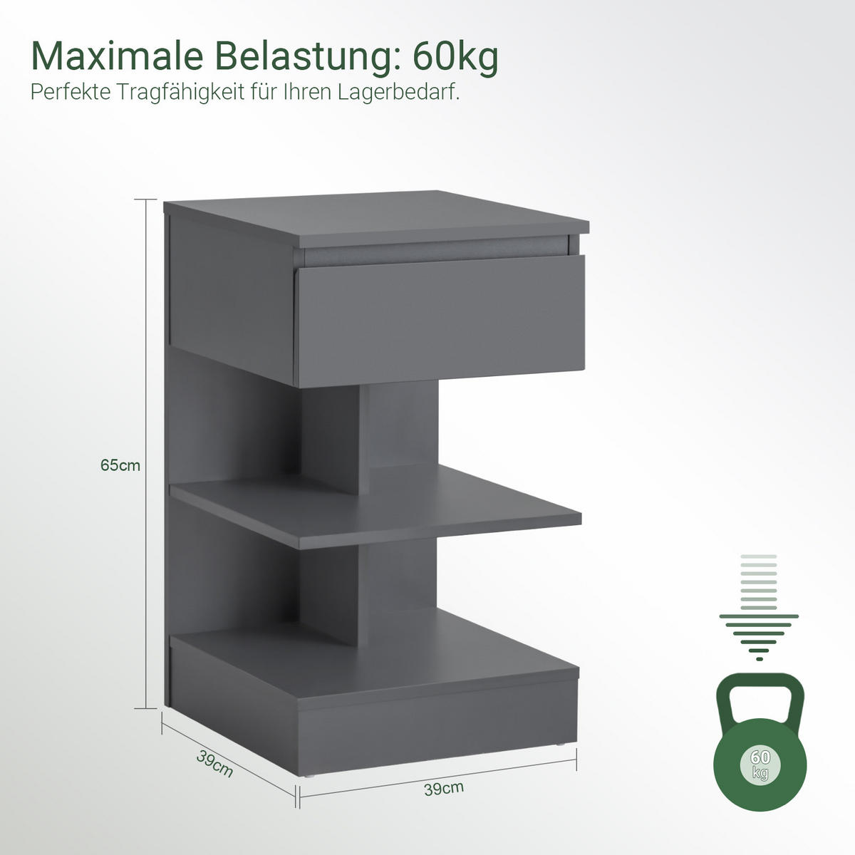 NACHTTISCH Grau - Hellgrau, Holzwerkstoff (39/39/65cm) - SoBuy