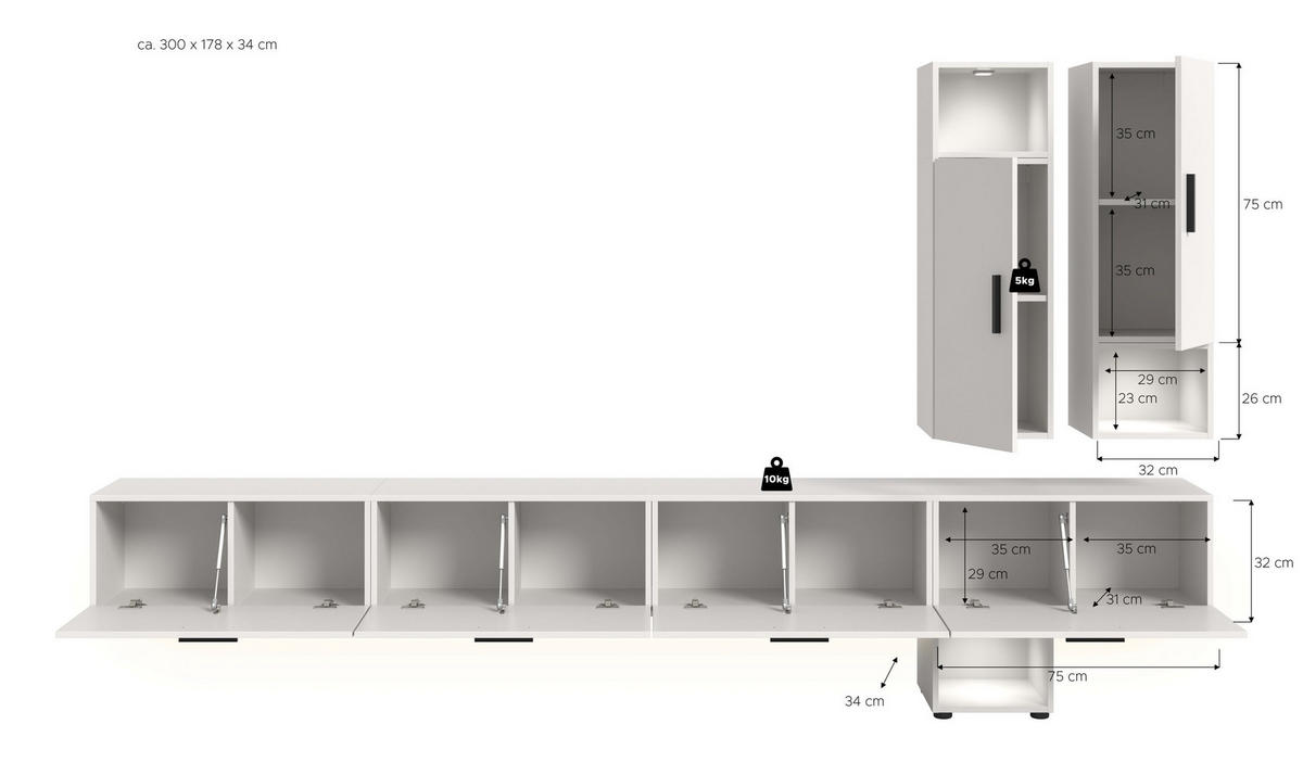 WOHNWAND INKL BELEUCHTUNG The One weiß 300/34/178 cm - Weiß, Holzwerkstoff (300/178/34cm) - Xonox