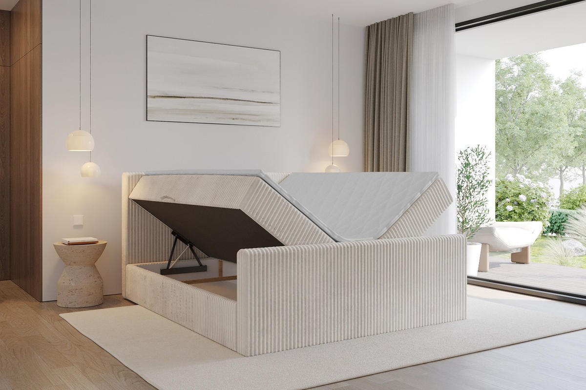 BOXBETT mit Matratze H3 und Lattenrost - TOLO-Z - 200x200 Cord - Creme - Creme, Holzwerkstoff (200/200cm) - ALTDECOR