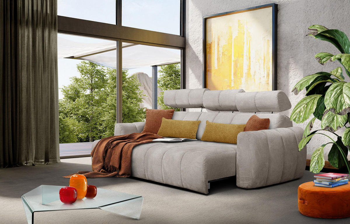 ECKSOFA KIMI 3-Sitzer, ausziehbarer Sitz, verstellbare Kopfstützen, beige - Beige/Schwarz, Holzwerkstoff/Textil (270/160cm) - Courtois Laville