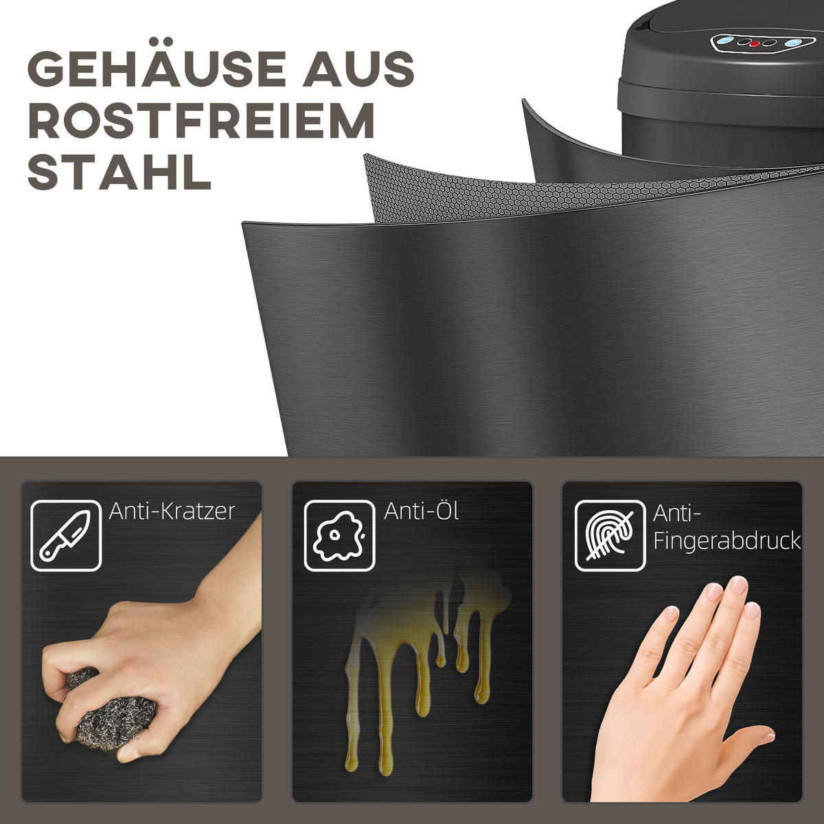 MÜLLEIMER mit Sensor 50L Edelstahl Automatischer Mülleimer mit Soft-Close-Deckel - Schwarz, Metall (30.5/85/30.5cm) - HOMCOM