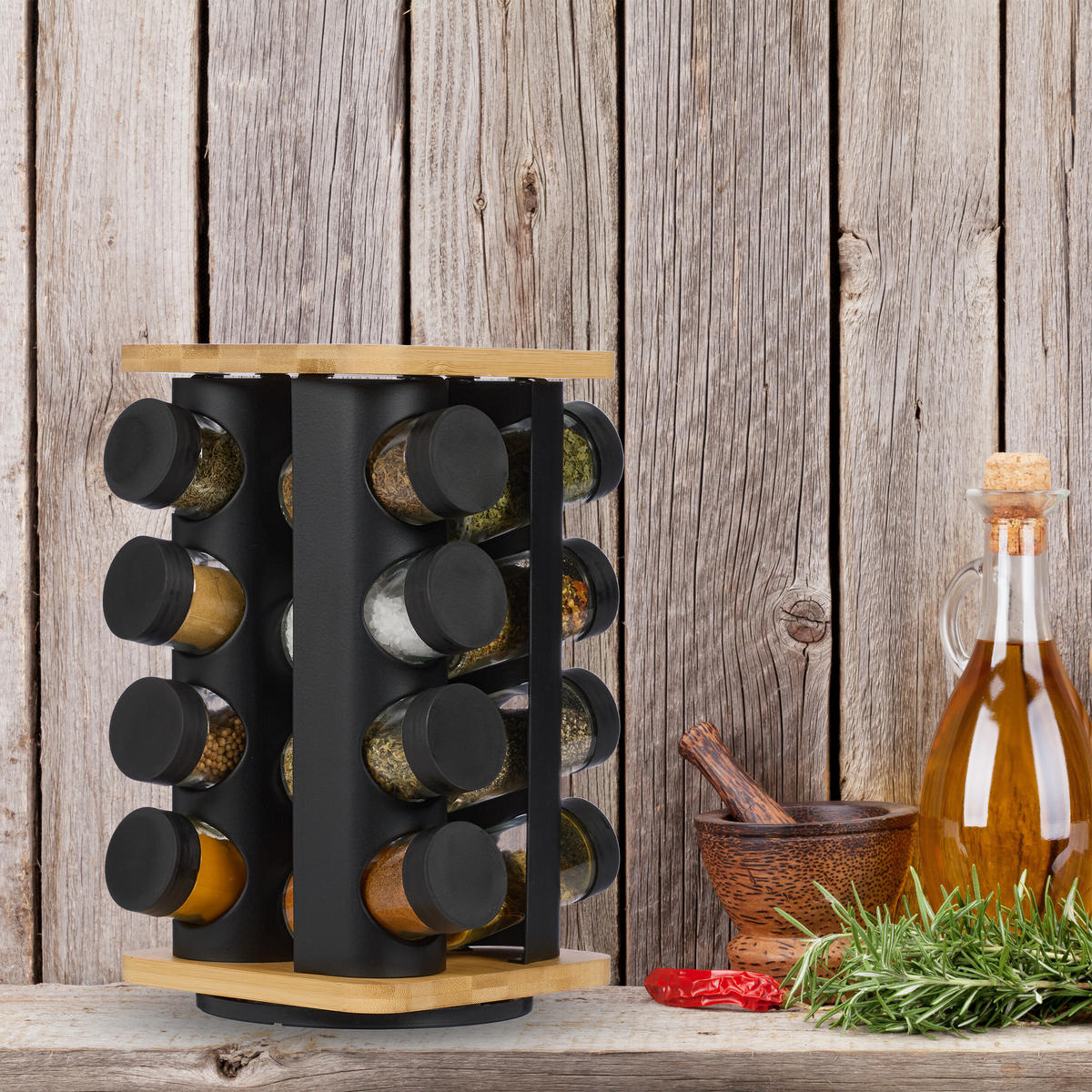GEWÜRZKARUSSELL - Schwarz, Glas/Holz (20/28/20cm) - Relaxdays
