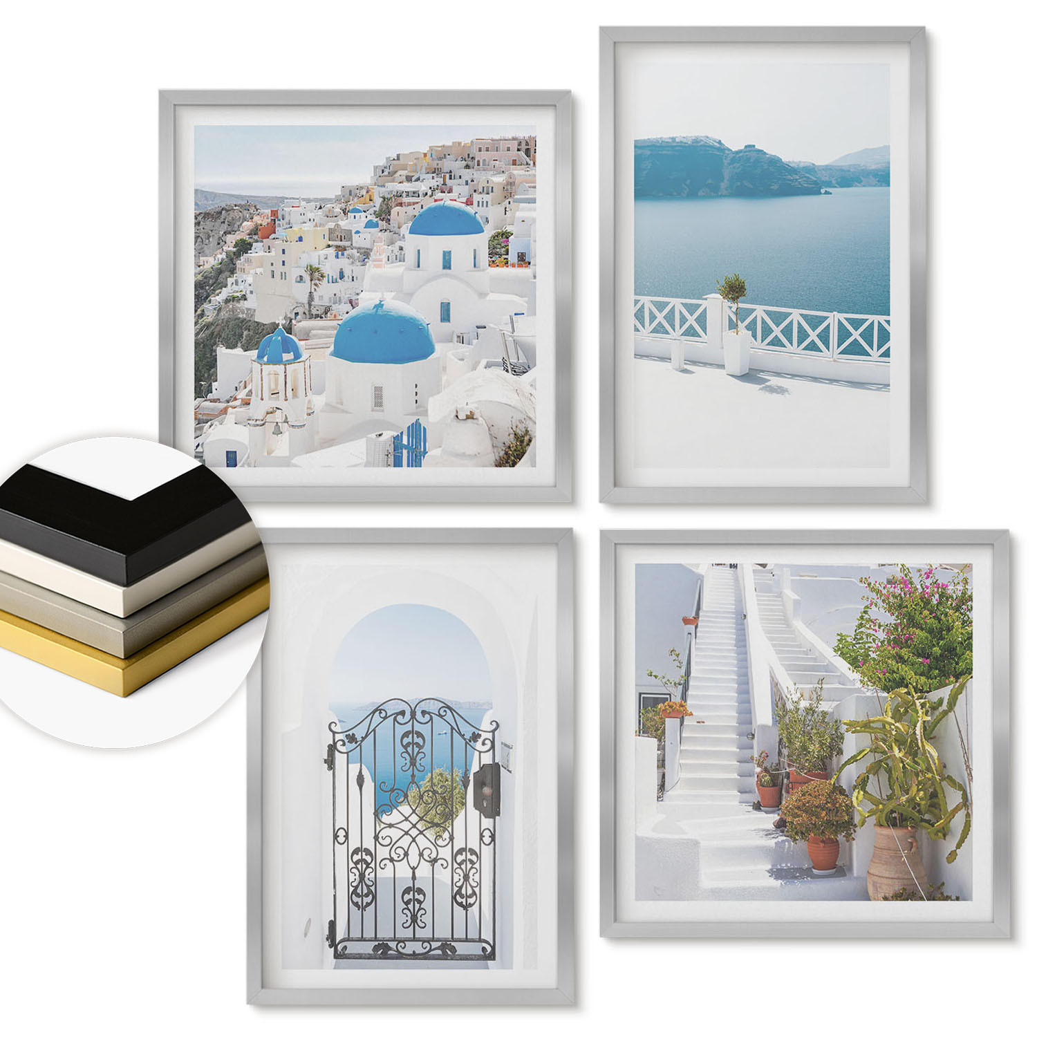 WANDBILDER 4er Set - 50x50 cm & 40x60 cm Silberner Rahmen - Weiße Treppenpflanzen Meer - Silberfarben, Kunststoff (50/50cm) - ArtPrintCave