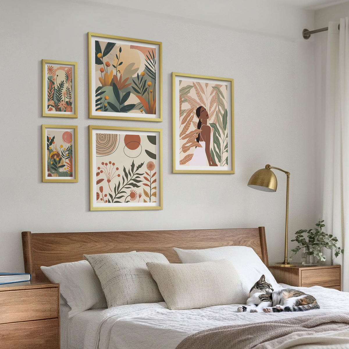 BILDER SET 5er Set - 50x50 cm & 20x30 cm & 40x60 cm Goldrahmen - Pflanzenmotive in Farben - Goldfarben, Kunststoff (40/60cm) - TULUP