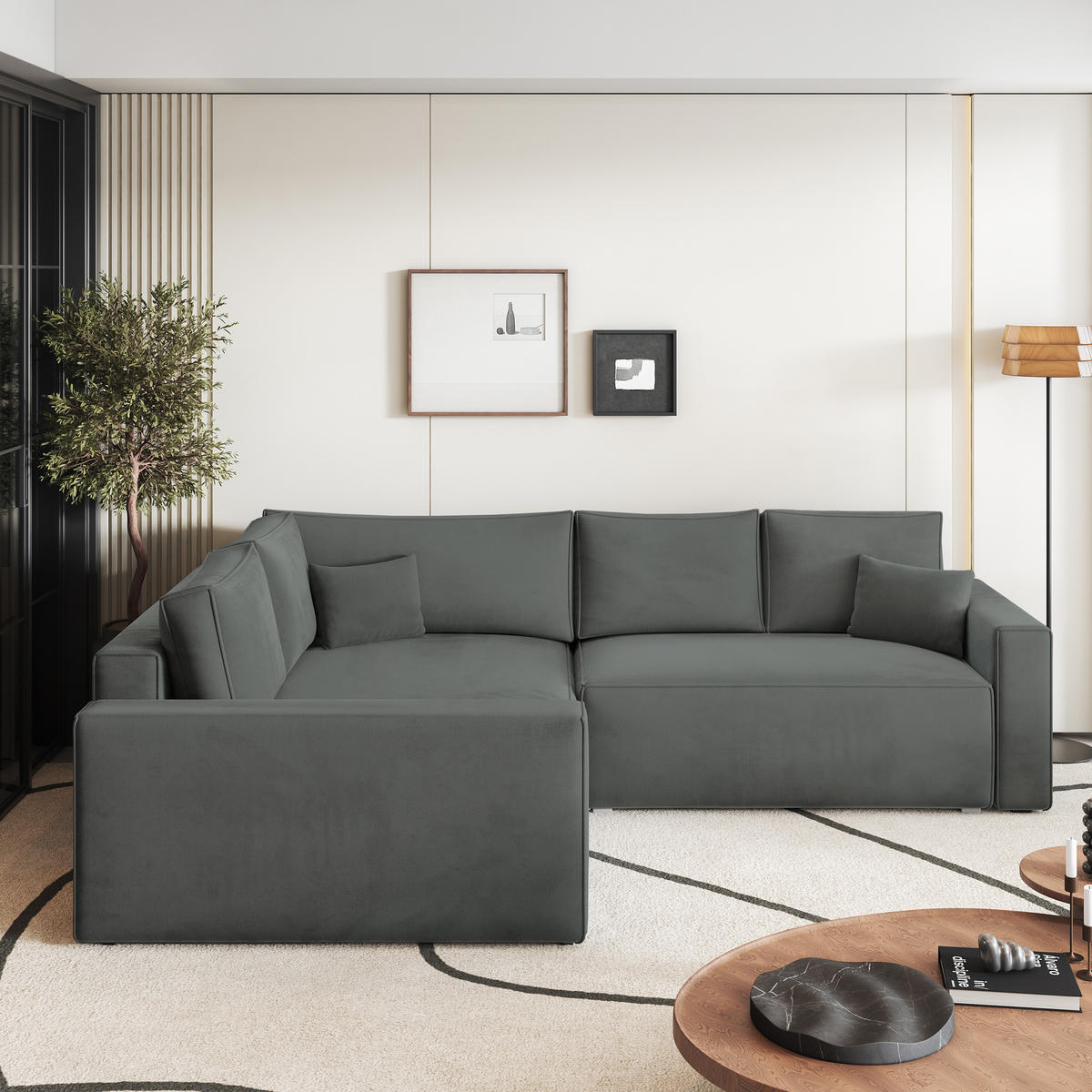 ECKSOFA ERONIS L-S Grau Velours-Stoff mit Schlaffunktion - Grau, Holz (265/194cm) - MASSENO