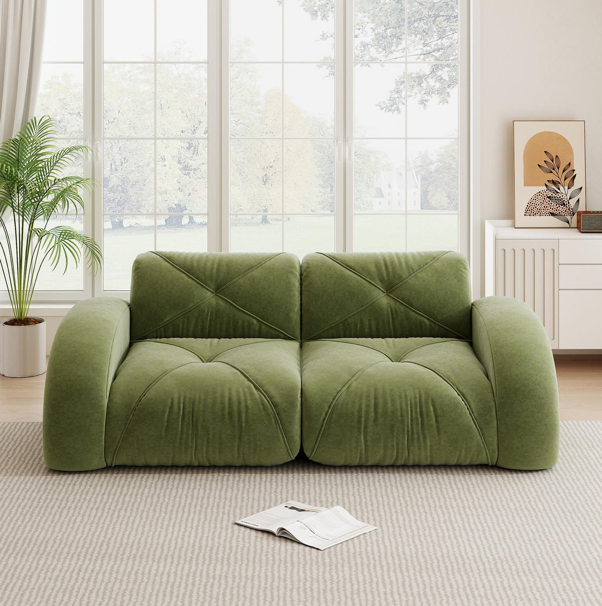 2-SITZER Modulsofa aus Chenille Grün rahmenlos mit 32D-Hochdichteschaum und flexiblem Aufbau - Grün, Textil (204/76/95cm) - Modfu